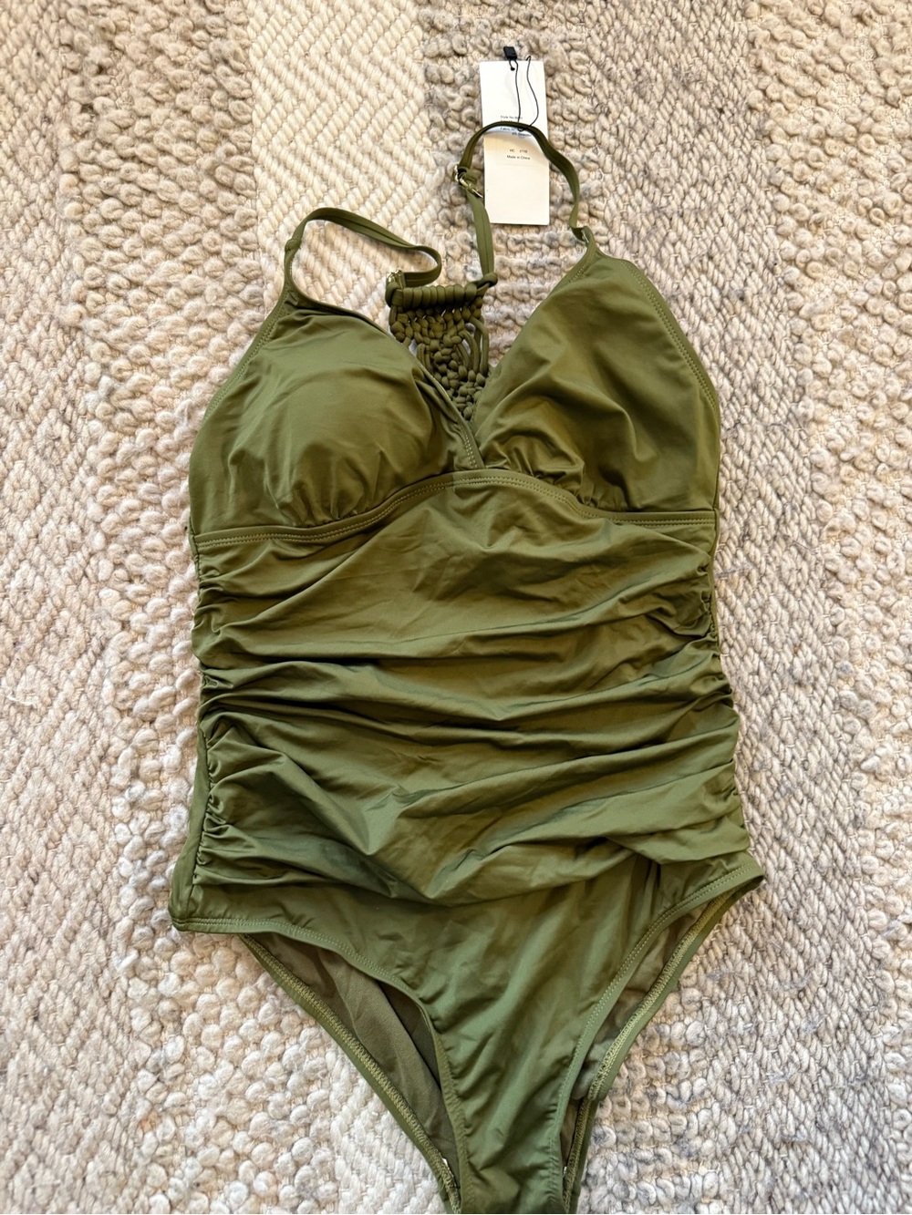 Olive Green One-Piece Swimsuit with Macramé Back size 12 firpearl nwt